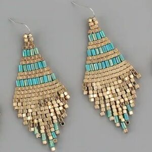Trendy Gold Plated Gold and Metallic Blue Beaded Long Hang Earrings